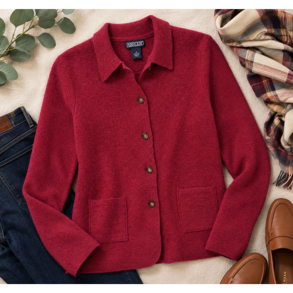 Lands’ End 100% Wool Red Sweater Jacket Blazer Pockets Women’s Size 12 Regular